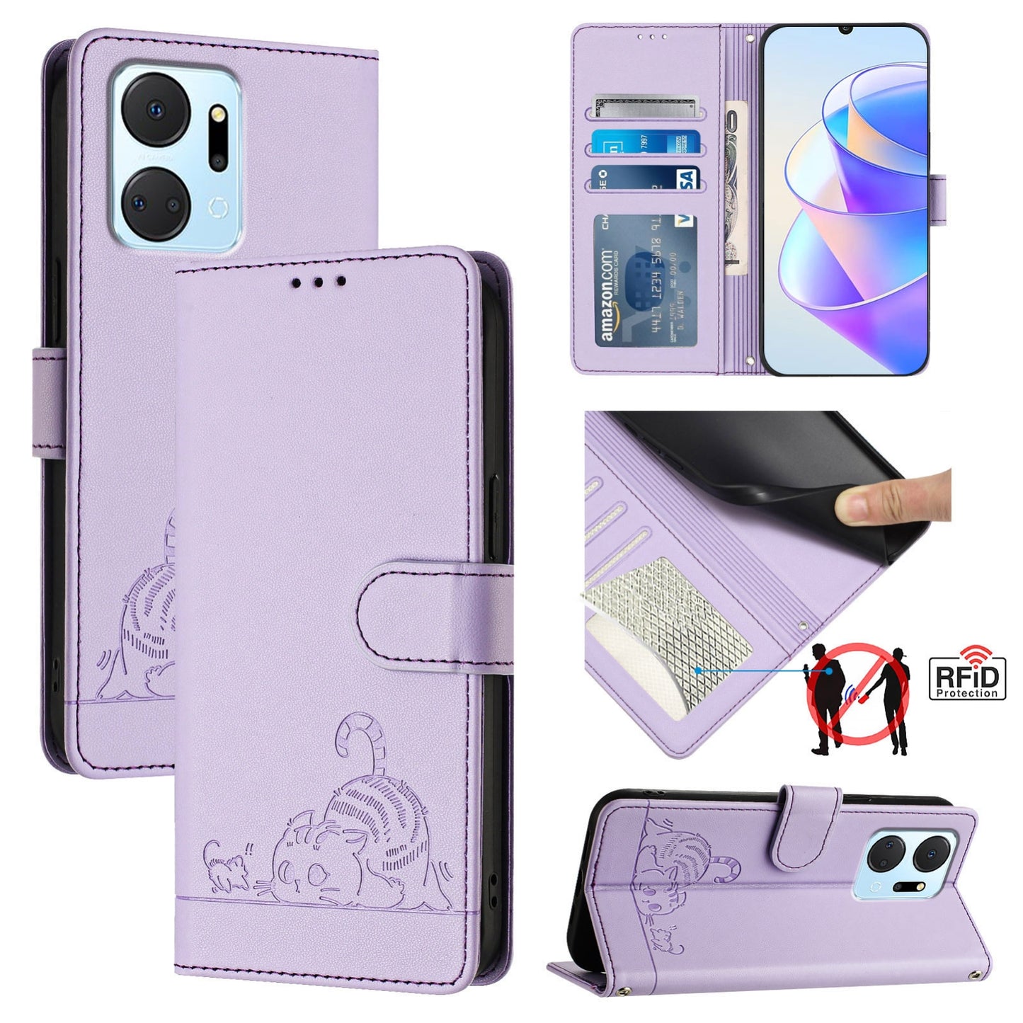 Honor X7a 4G Cat & Rat Embossed RFID Leather Case, Lanyard, Wallet, Card Slots, Kickstand, Anti-Fall, Scratch-Resistant