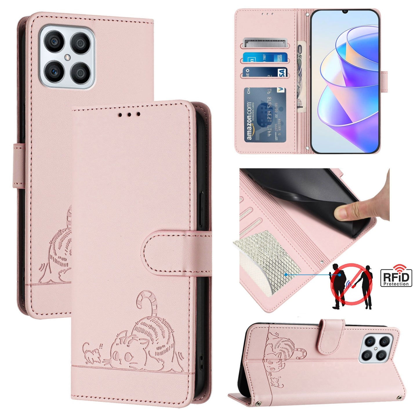 Honor X8 4G Cat & Rat Embossed RFID Leather Case, Lanyard, Wallet, Card Slots, Kickstand, Anti-Fall, Scratch-Resistant