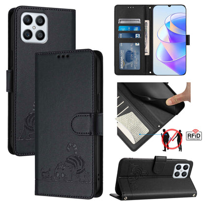 Honor X8 4G Cat & Rat Embossed RFID Leather Case, Lanyard, Wallet, Card Slots, Kickstand, Anti-Fall, Scratch-Resistant