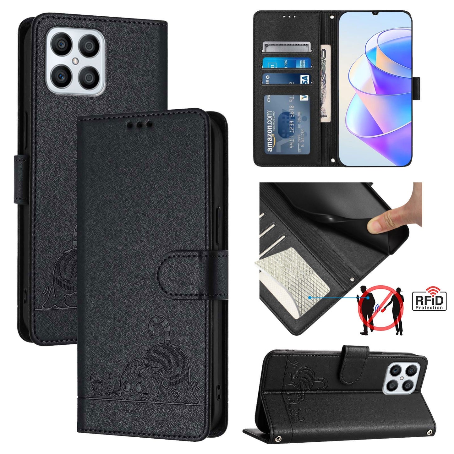 Honor X30i 5G Cat & Rat Embossed RFID Leather Case, Lanyard, Wallet, Card Slots, Kickstand, Anti-Fall, Scratch-Resistant