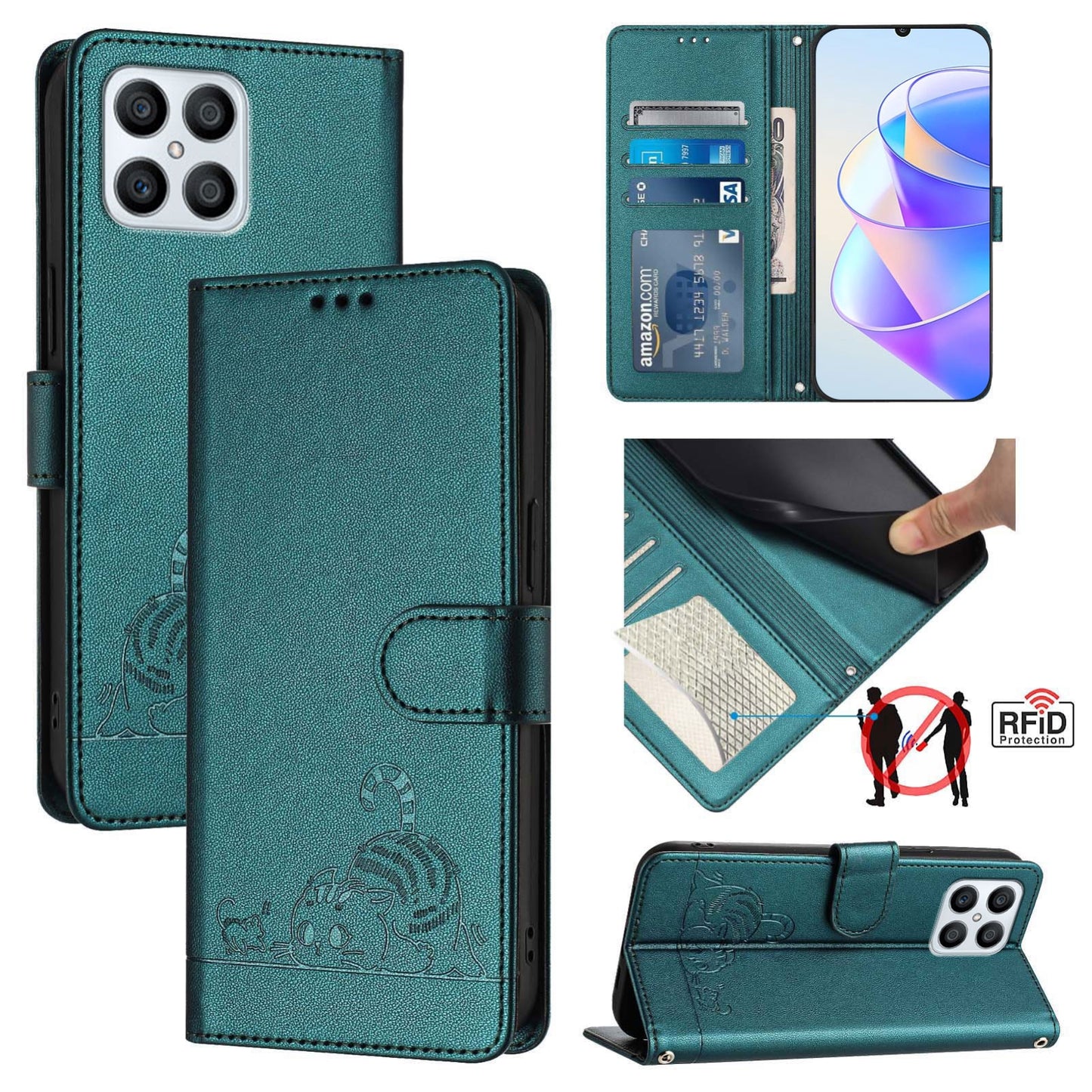 Honor X8 4G Cat & Rat Embossed RFID Leather Case, Lanyard, Wallet, Card Slots, Kickstand, Anti-Fall, Scratch-Resistant