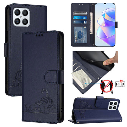 Honor X8 4G Cat & Rat Embossed RFID Leather Case, Lanyard, Wallet, Card Slots, Kickstand, Anti-Fall, Scratch-Resistant