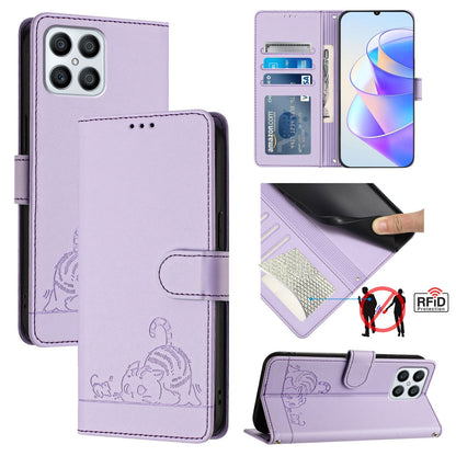 Honor X8 4G Cat & Rat Embossed RFID Leather Case, Lanyard, Wallet, Card Slots, Kickstand, Anti-Fall, Scratch-Resistant