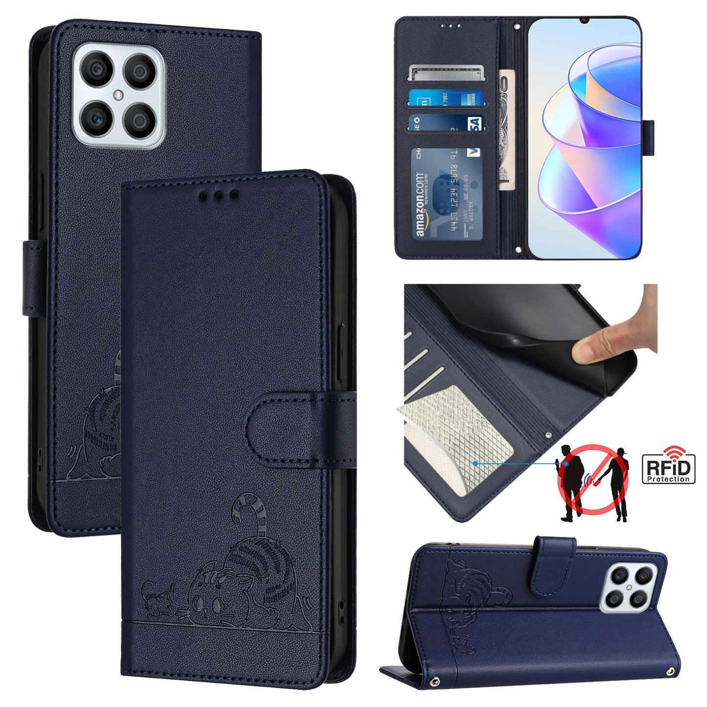 Honor Play6T Pro 5G Cat & Rat Embossed RFID Leather Case, Lanyard, Wallet, Card Slots, Kickstand, Anti-Fall, Scratch-Resistant