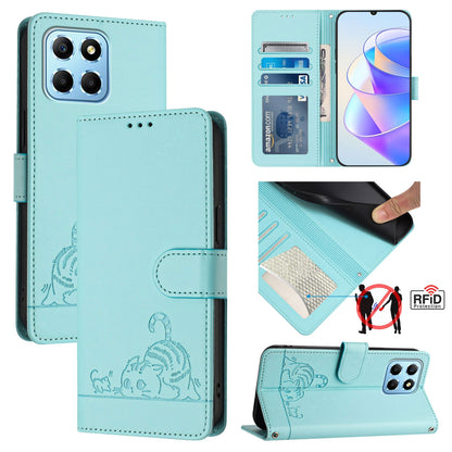 Honor X8 5G Global Cat & Rat Embossed RFID Leather Case, Lanyard, Wallet, Card Slots, Kickstand, Anti-Fall, Scratch-Resistant
