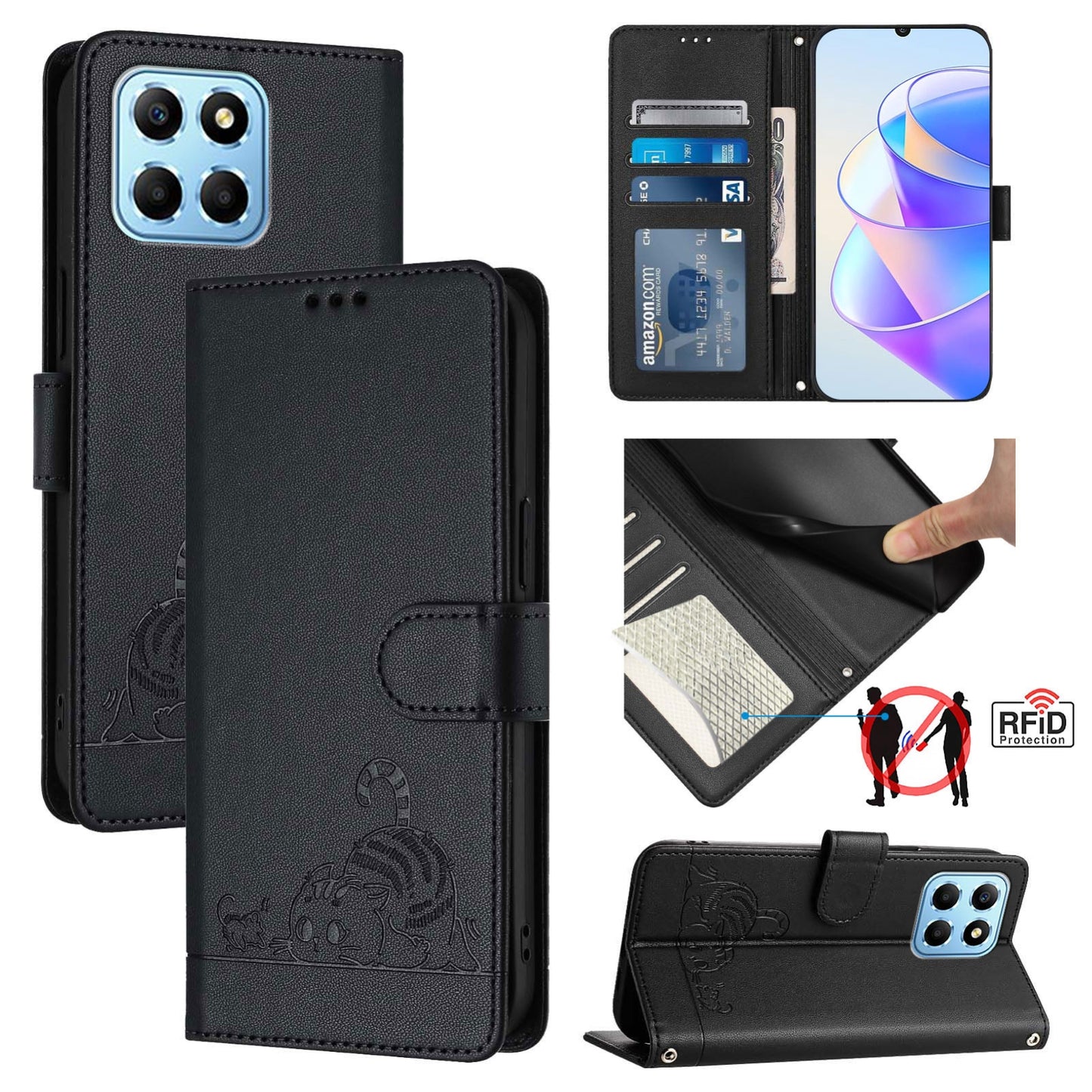 Honor X8 5G Global Cat & Rat Embossed RFID Leather Case, Lanyard, Wallet, Card Slots, Kickstand, Anti-Fall, Scratch-Resistant