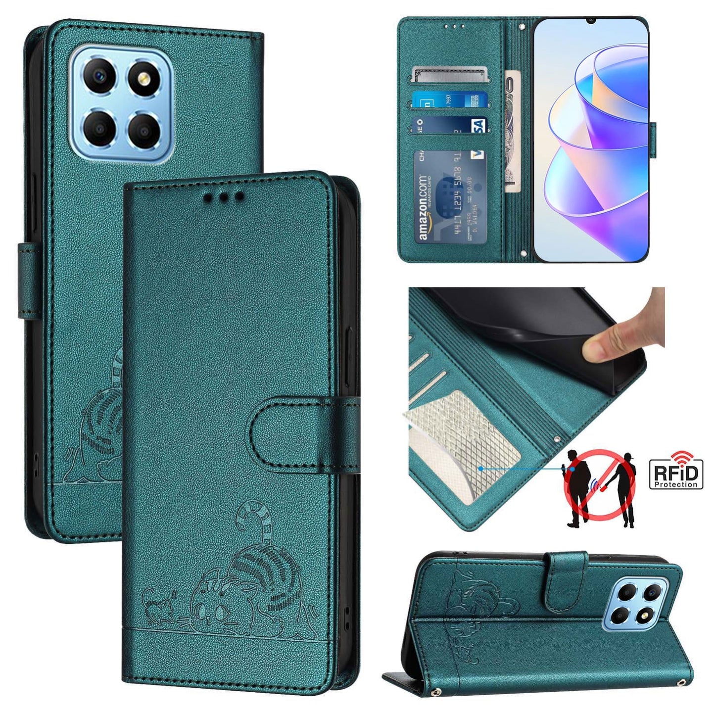 Honor X6 4G Global Cat & Rat Embossed RFID Leather Case, Lanyard, Wallet, Card Slots, Kickstand, Anti-Fall, Scratch-Resistant