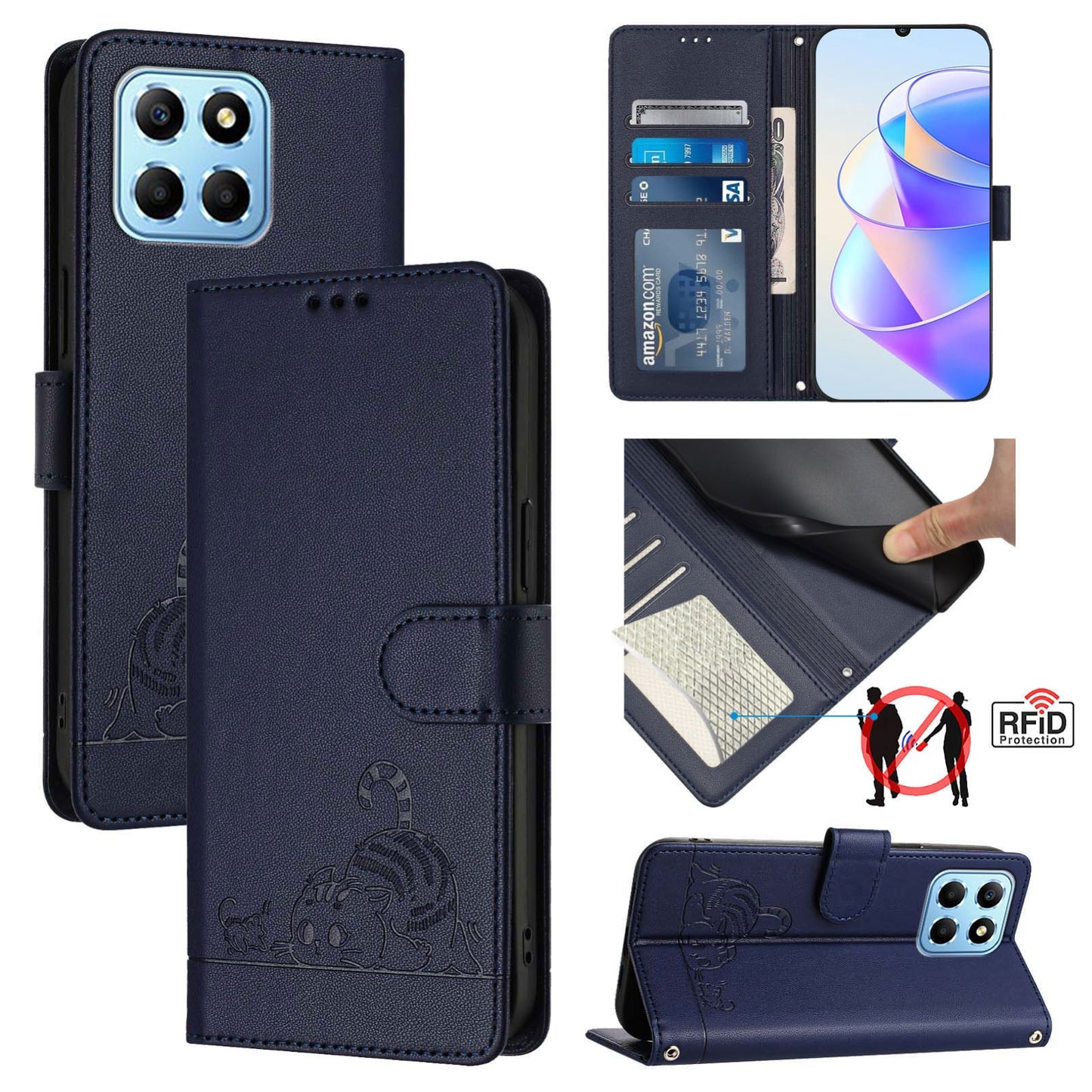 Honor X8 5G Global Cat & Rat Embossed RFID Leather Case, Lanyard, Wallet, Card Slots, Kickstand, Anti-Fall, Scratch-Resistant