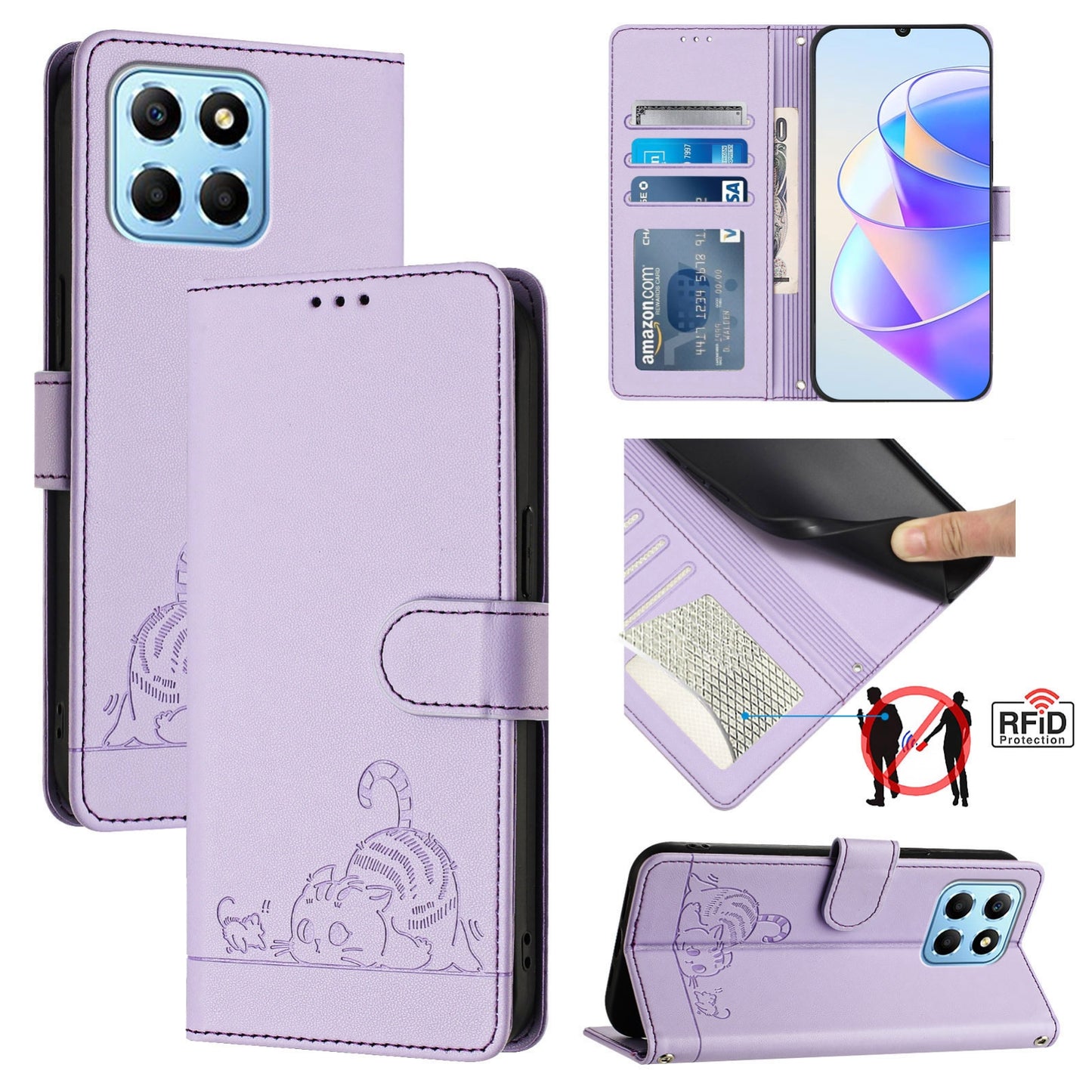 Honor X6 4G Global Cat & Rat Embossed RFID Leather Case, Lanyard, Wallet, Card Slots, Kickstand, Anti-Fall, Scratch-Resistant