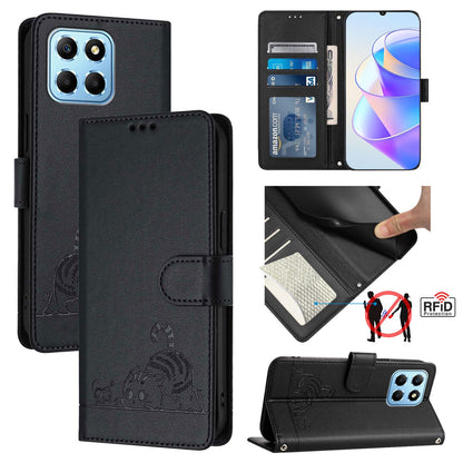 Honor X6s 4G Global Cat & Rat Embossed RFID Leather Case, Lanyard, Wallet, Card Slots, Kickstand, Anti-Fall, Scratch-Resistant