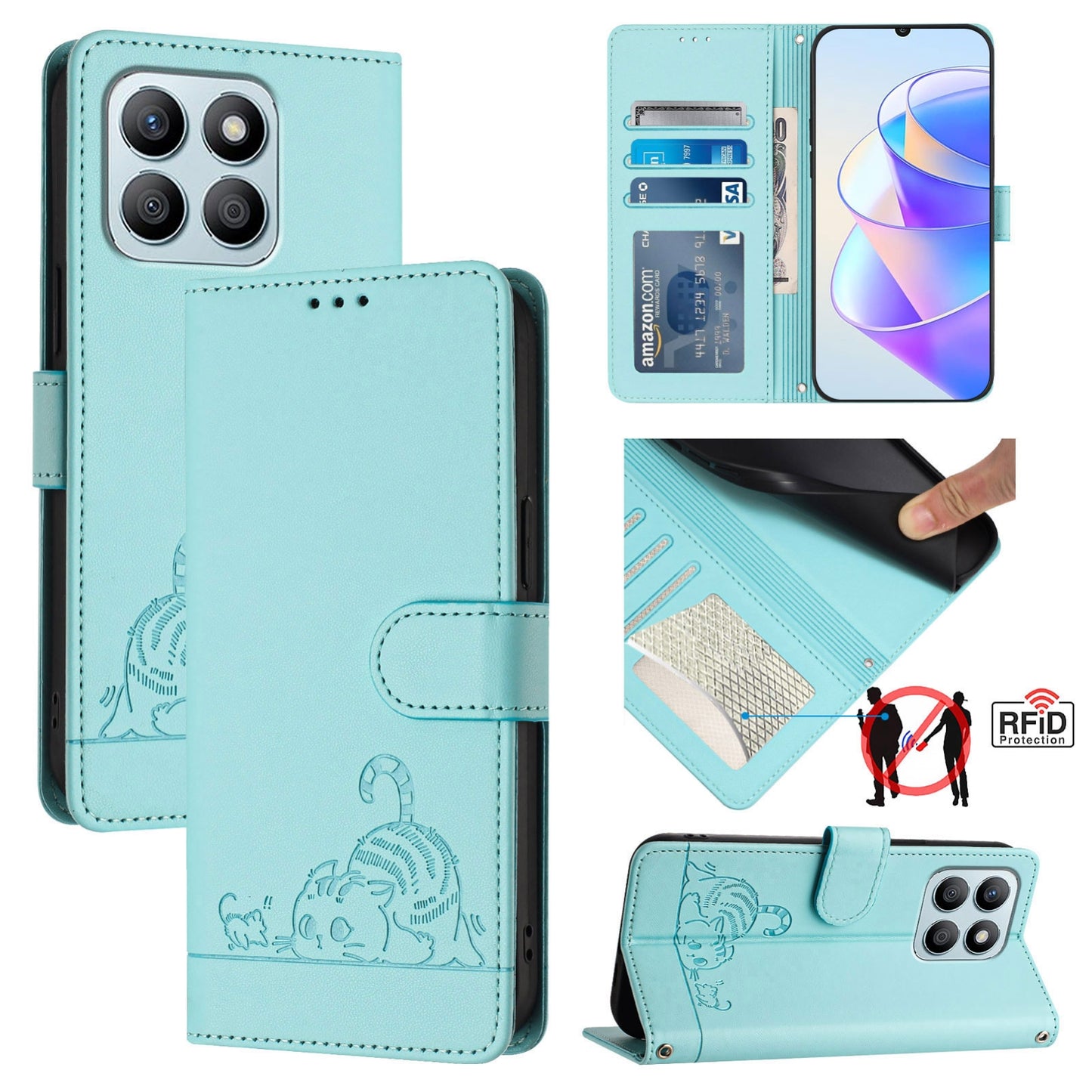 Honor X8b 4G Global Cat & Rat Embossed RFID Leather Case, Lanyard, Wallet, Card Slots, Kickstand, Anti-Fall, Scratch-Resistant