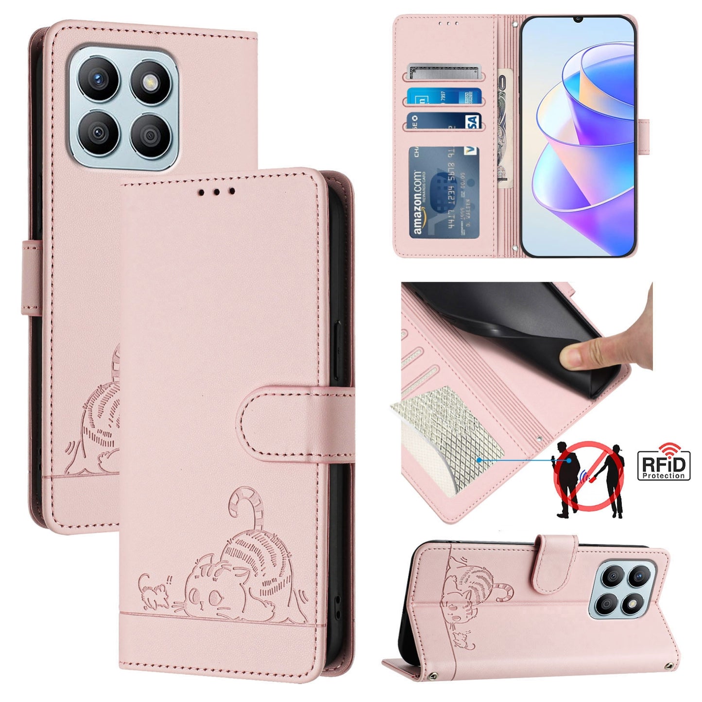 Honor X8b 4G Global Cat & Rat Embossed RFID Leather Case, Lanyard, Wallet, Card Slots, Kickstand, Anti-Fall, Scratch-Resistant