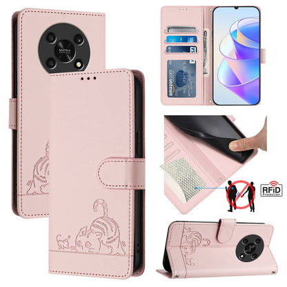 Honor X9 4G Cat & Rat Embossed RFID Leather Case, Lanyard, Wallet, Card Slots, Kickstand, Anti-Fall, Scratch-Resistant