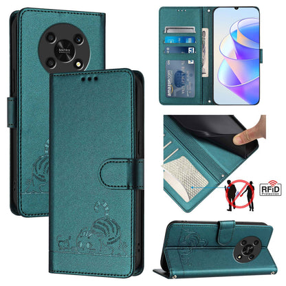 Honor X9 5G Cat & Rat Embossed RFID Leather Case, Lanyard, Wallet, Card Slots, Kickstand, Anti-Fall, Scratch-Resistant