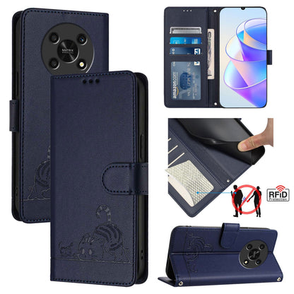 Honor X9 4G Cat & Rat Embossed RFID Leather Case, Lanyard, Wallet, Card Slots, Kickstand, Anti-Fall, Scratch-Resistant