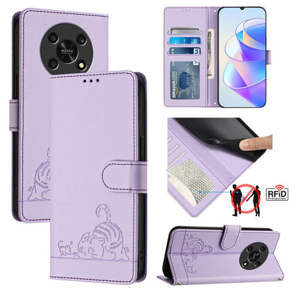 Honor X9 4G Cat & Rat Embossed RFID Leather Case, Lanyard, Wallet, Card Slots, Kickstand, Anti-Fall, Scratch-Resistant