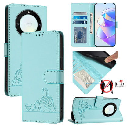 Honor X40 5G Cat & Rat Embossed RFID Leather Case, Lanyard, Wallet, Card Slots, Kickstand, Anti-Fall, Scratch-Resistant
