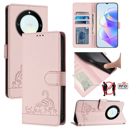 Honor X9a 5G Cat & Rat Embossed RFID Leather Case, Lanyard, Wallet, Card Slots, Kickstand, Anti-Fall, Scratch-Resistant