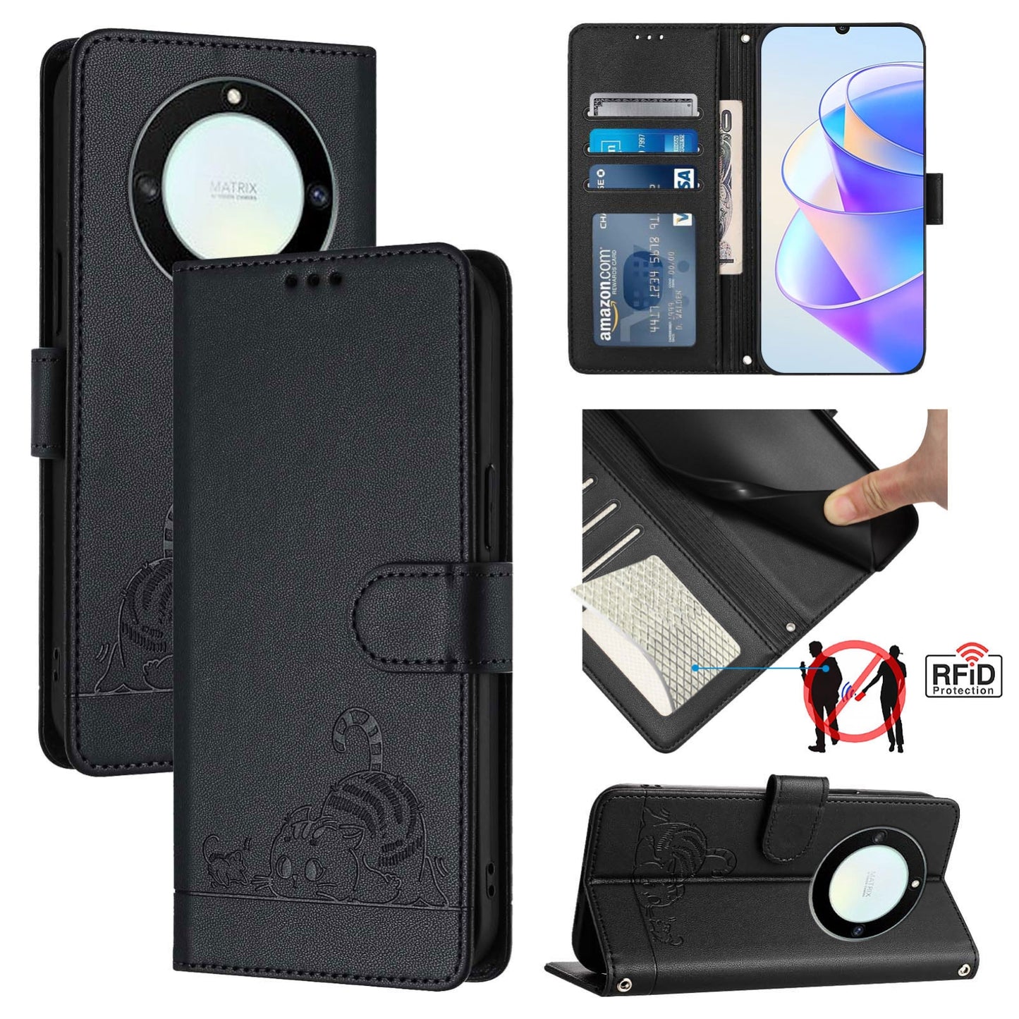 Honor X40 5G Cat & Rat Embossed RFID Leather Case, Lanyard, Wallet, Card Slots, Kickstand, Anti-Fall, Scratch-Resistant