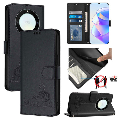 Honor Magic5 Lite Cat & Rat Embossed RFID Leather Case, Lanyard, Wallet, Card Slots, Kickstand, Anti-Fall, Scratch-Resistant