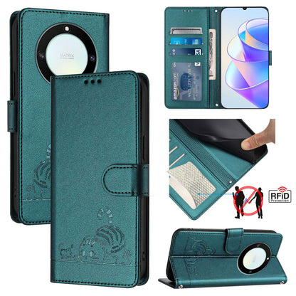 Honor X40 5G Cat & Rat Embossed RFID Leather Case, Lanyard, Wallet, Card Slots, Kickstand, Anti-Fall, Scratch-Resistant