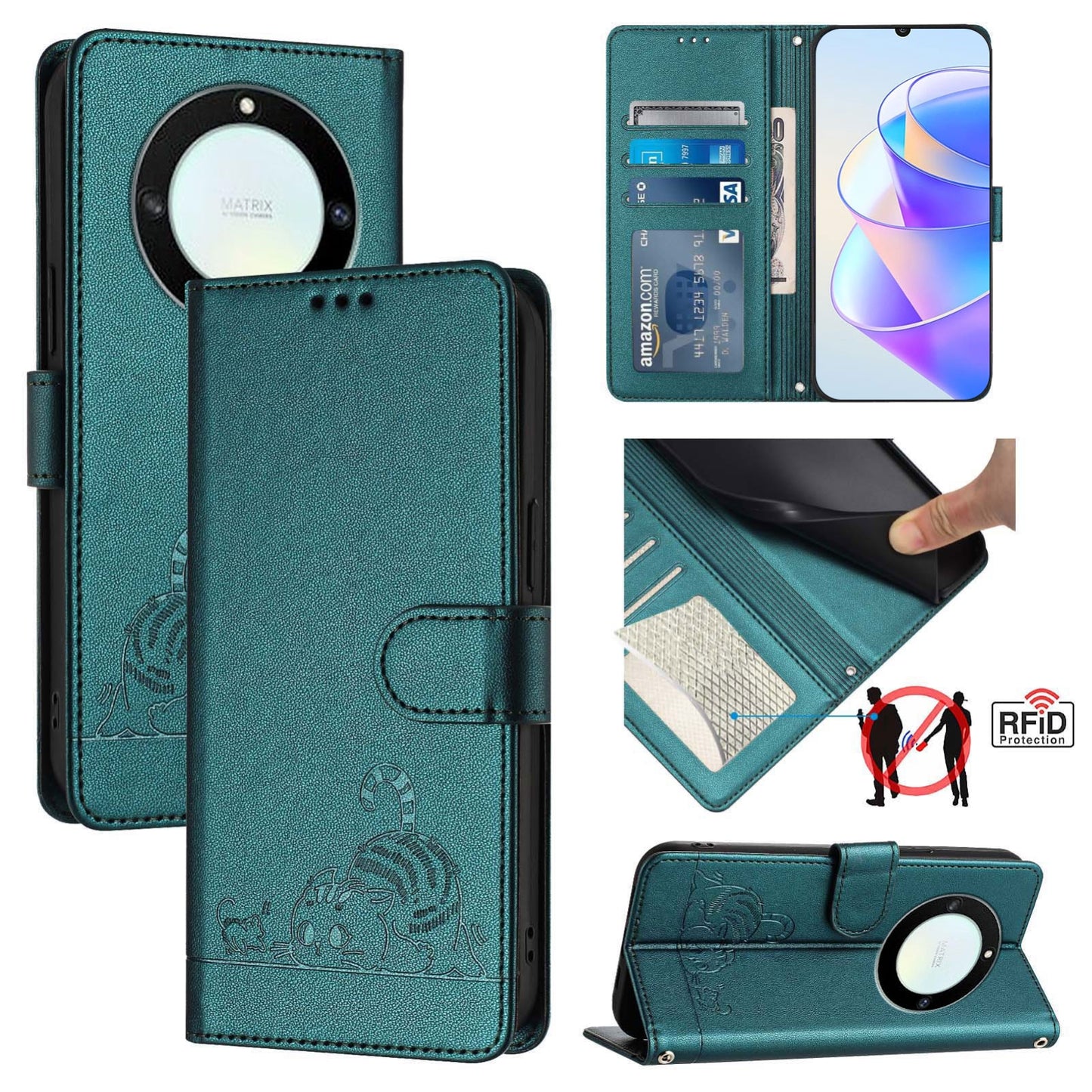 Honor X9a 5G Cat & Rat Embossed RFID Leather Case, Lanyard, Wallet, Card Slots, Kickstand, Anti-Fall, Scratch-Resistant