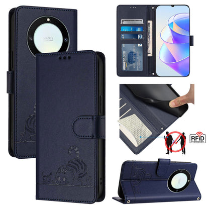 Honor X40 5G Cat & Rat Embossed RFID Leather Case, Lanyard, Wallet, Card Slots, Kickstand, Anti-Fall, Scratch-Resistant