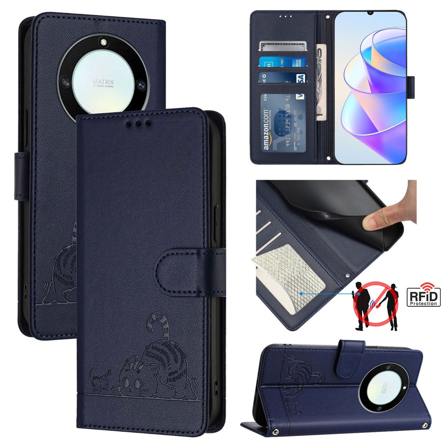 Honor Magic5 Lite Cat & Rat Embossed RFID Leather Case, Lanyard, Wallet, Card Slots, Kickstand, Anti-Fall, Scratch-Resistant