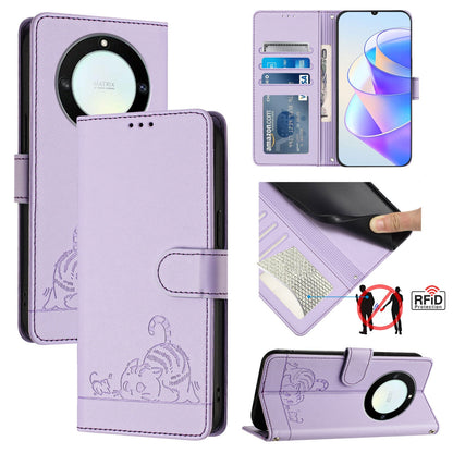 Honor X40 5G Cat & Rat Embossed RFID Leather Case, Lanyard, Wallet, Card Slots, Kickstand, Anti-Fall, Scratch-Resistant