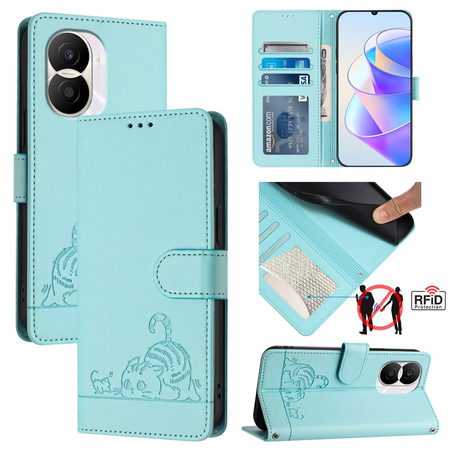 Honor X40i 5G Cat & Rat Embossed RFID Leather Case, Lanyard, Wallet, Card Slots, Kickstand, Anti-Fall, Scratch-Resistant
