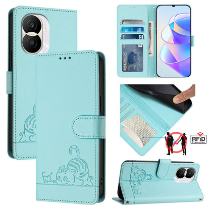Honor X40i 5G Cat & Rat Embossed RFID Leather Case, Lanyard, Wallet, Card Slots, Kickstand, Anti-Fall, Scratch-Resistant