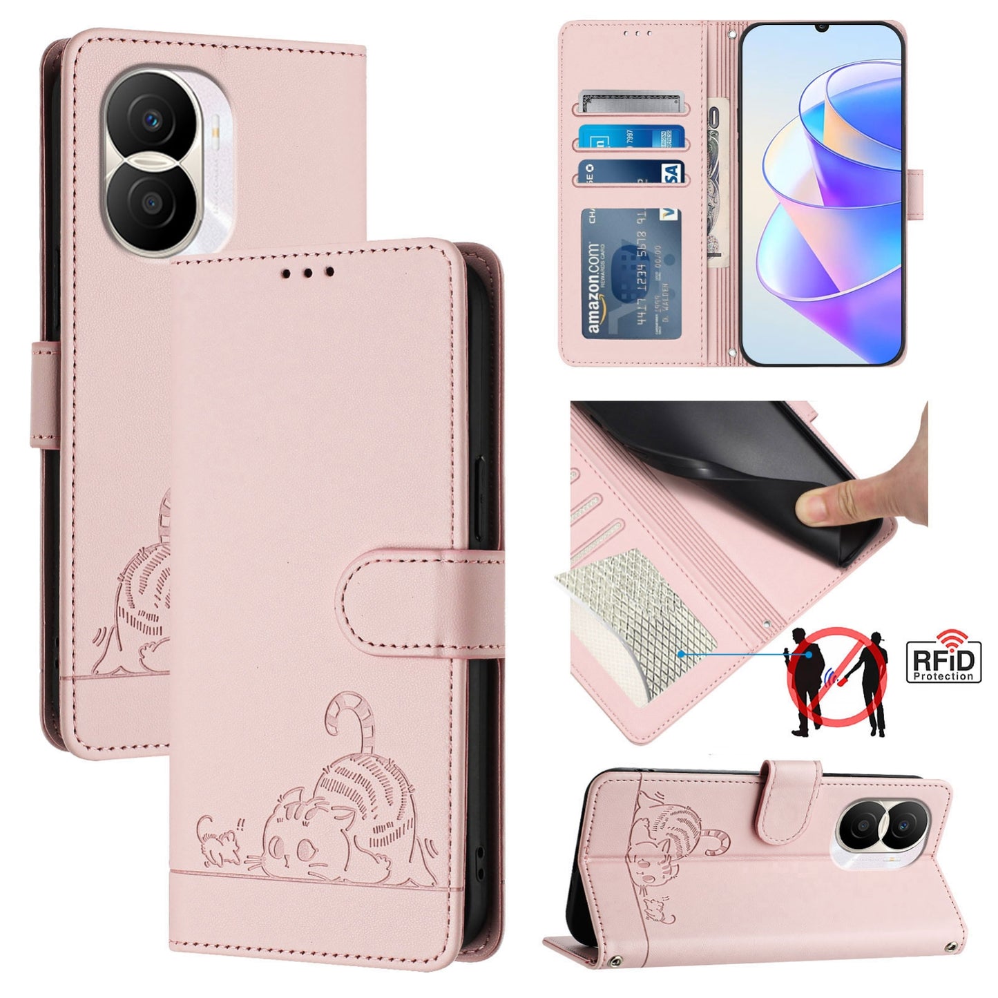 Honor X40i 5G Cat & Rat Embossed RFID Leather Case, Lanyard, Wallet, Card Slots, Kickstand, Anti-Fall, Scratch-Resistant