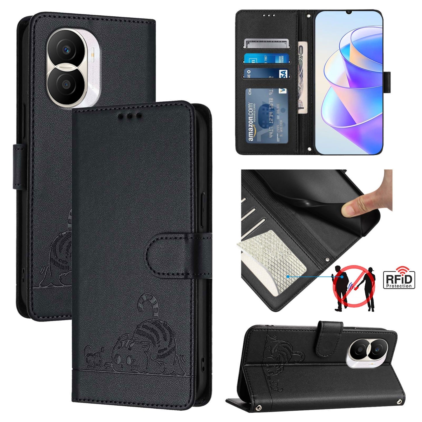 Honor X40i 5G Cat & Rat Embossed RFID Leather Case, Lanyard, Wallet, Card Slots, Kickstand, Anti-Fall, Scratch-Resistant