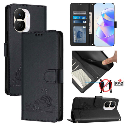 Honor X40i 5G Cat & Rat Embossed RFID Leather Case, Lanyard, Wallet, Card Slots, Kickstand, Anti-Fall, Scratch-Resistant