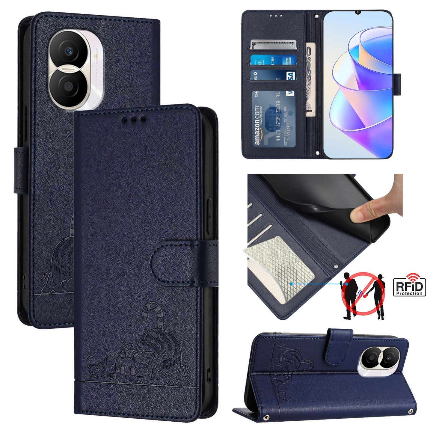 Honor X40i 5G Cat & Rat Embossed RFID Leather Case, Lanyard, Wallet, Card Slots, Kickstand, Anti-Fall, Scratch-Resistant