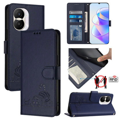 Honor X40i 5G Cat & Rat Embossed RFID Leather Case, Lanyard, Wallet, Card Slots, Kickstand, Anti-Fall, Scratch-Resistant