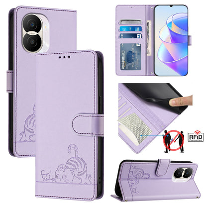 Honor X40i 5G Cat & Rat Embossed RFID Leather Case, Lanyard, Wallet, Card Slots, Kickstand, Anti-Fall, Scratch-Resistant