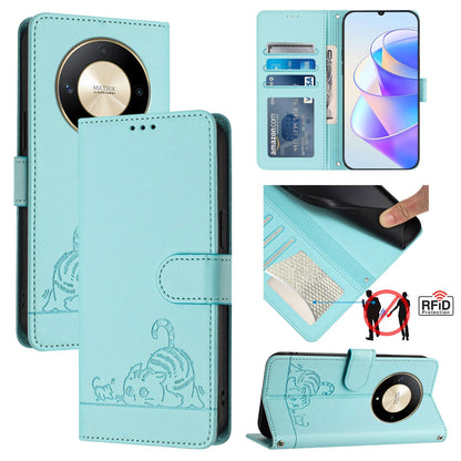 Honor Magic6 Lite 5G Global Cat & Rat Embossed RFID Leather Case, Lanyard, Wallet, Card Slots, Kickstand, Anti-Fall, Scratch-Resistant