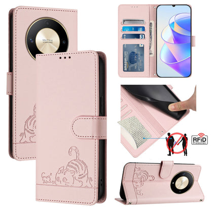 Honor Magic6 Lite 5G Global Cat & Rat Embossed RFID Leather Case, Lanyard, Wallet, Card Slots, Kickstand, Anti-Fall, Scratch-Resistant