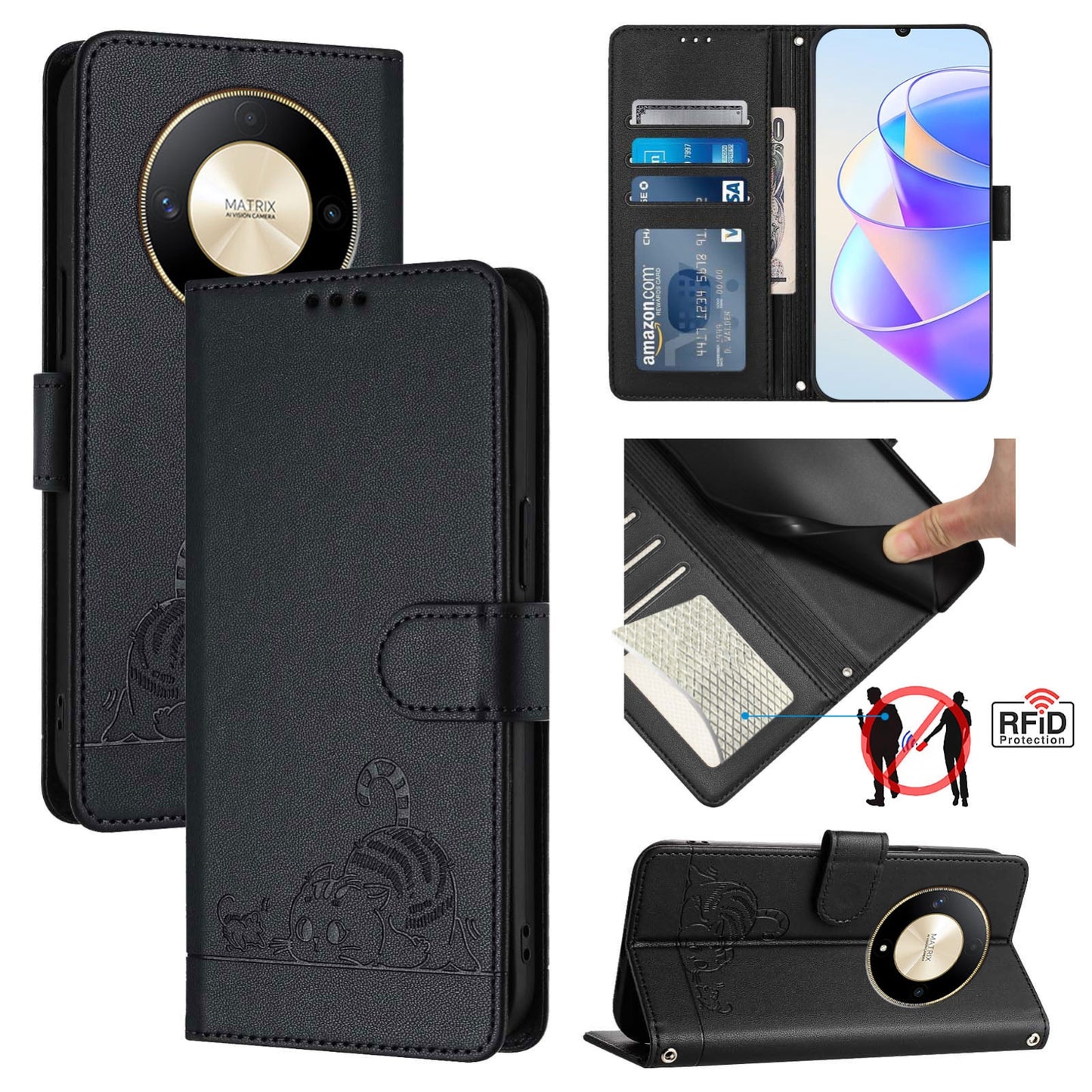 Honor Magic6 Lite 5G Global Cat & Rat Embossed RFID Leather Case, Lanyard, Wallet, Card Slots, Kickstand, Anti-Fall, Scratch-Resistant