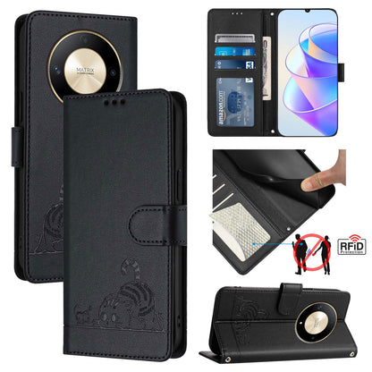 Honor Magic6 Lite 5G Global Cat & Rat Embossed RFID Leather Case, Lanyard, Wallet, Card Slots, Kickstand, Anti-Fall, Scratch-Resistant