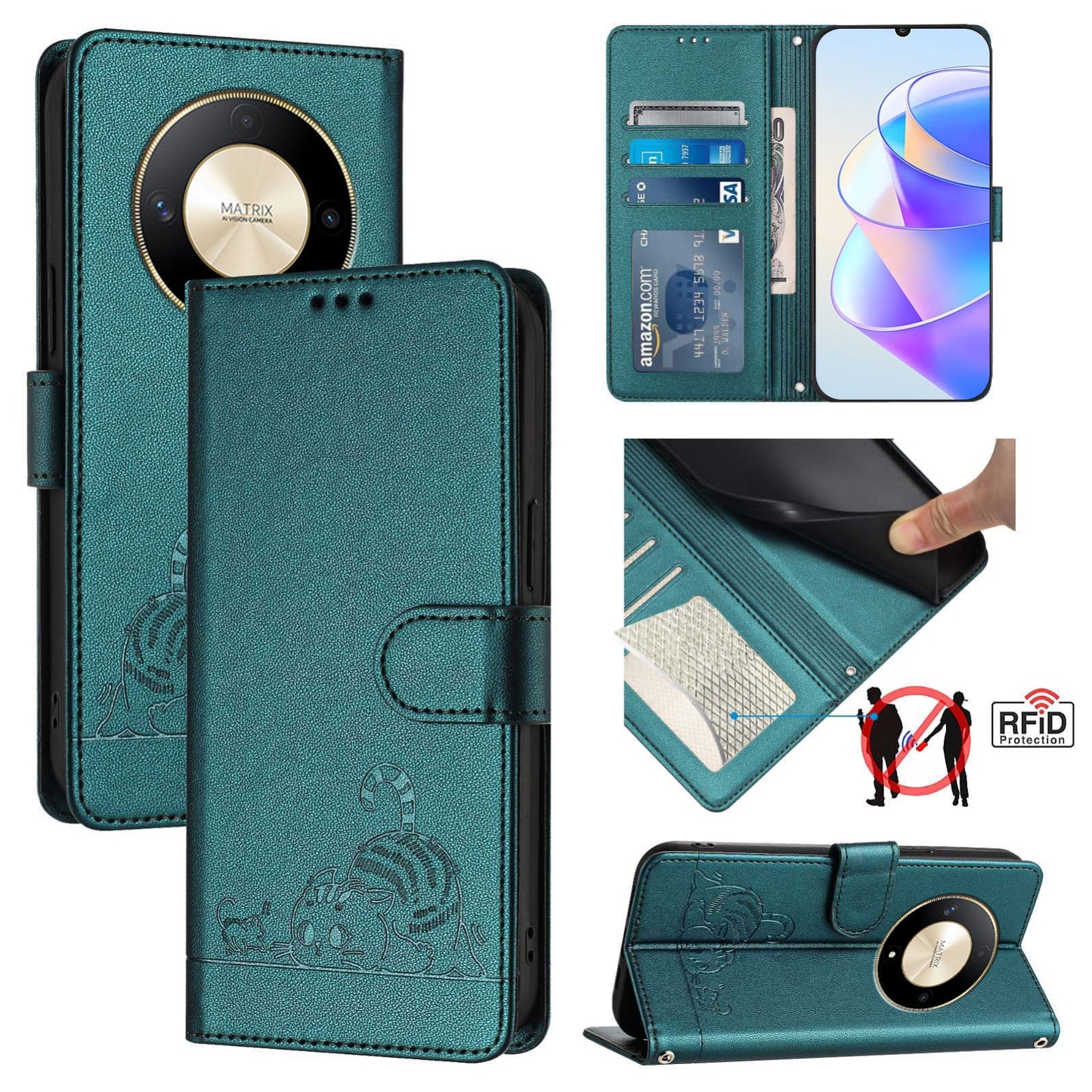 Honor Magic6 Lite 5G Global Cat & Rat Embossed RFID Leather Case, Lanyard, Wallet, Card Slots, Kickstand, Anti-Fall, Scratch-Resistant