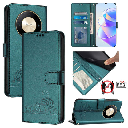Honor Magic6 Lite 5G Global Cat & Rat Embossed RFID Leather Case, Lanyard, Wallet, Card Slots, Kickstand, Anti-Fall, Scratch-Resistant