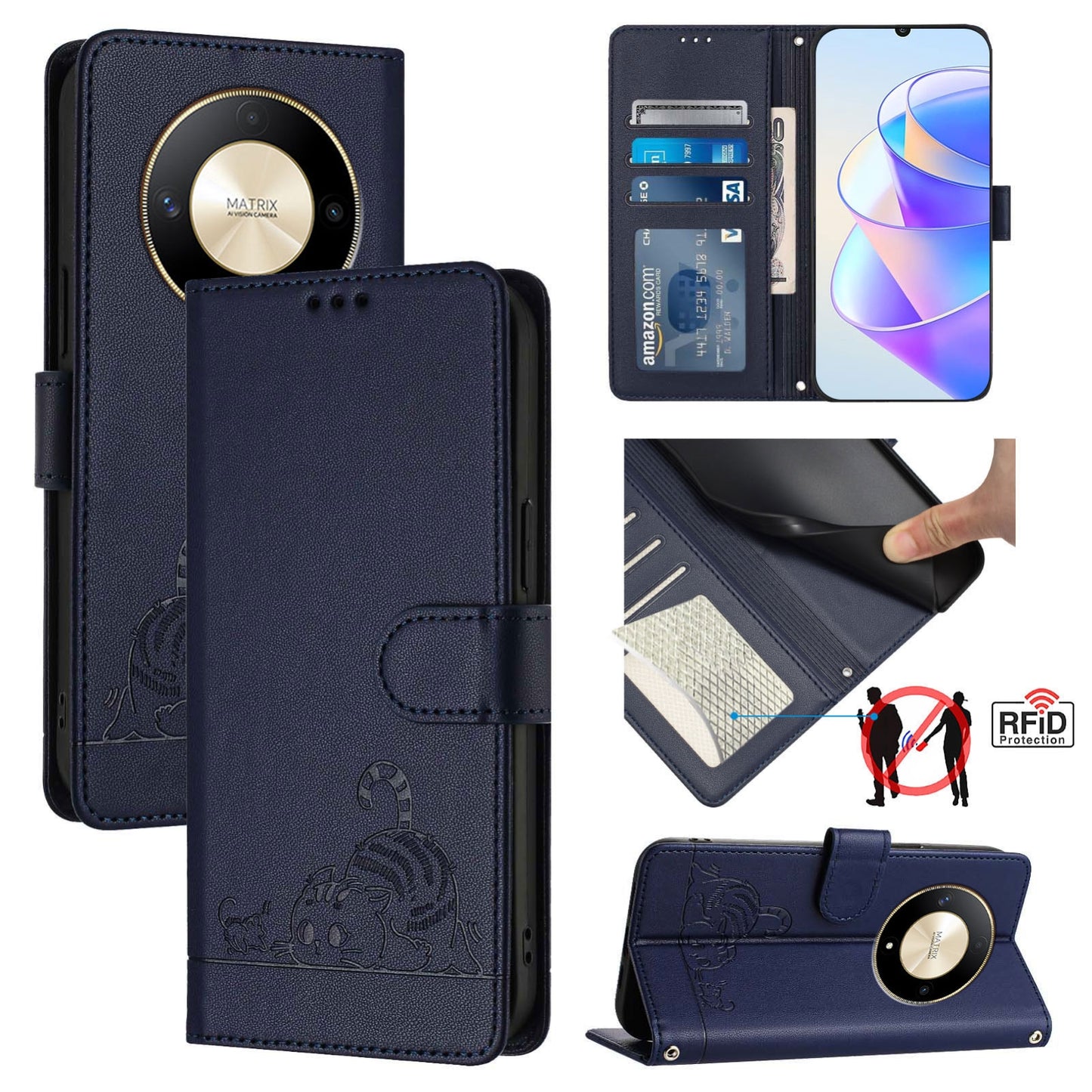Honor Magic6 Lite 5G Global Cat & Rat Embossed RFID Leather Case, Lanyard, Wallet, Card Slots, Kickstand, Anti-Fall, Scratch-Resistant