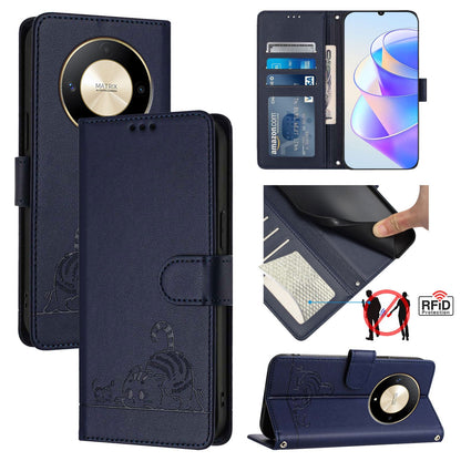 Honor Magic6 Lite 5G Global Cat & Rat Embossed RFID Leather Case, Lanyard, Wallet, Card Slots, Kickstand, Anti-Fall, Scratch-Resistant