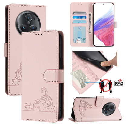 Honor Magic5 Pro Cat & Rat Embossed RFID Leather Case, Lanyard, Wallet, Card Slots, Kickstand, Anti-Fall, Scratch-Resistant