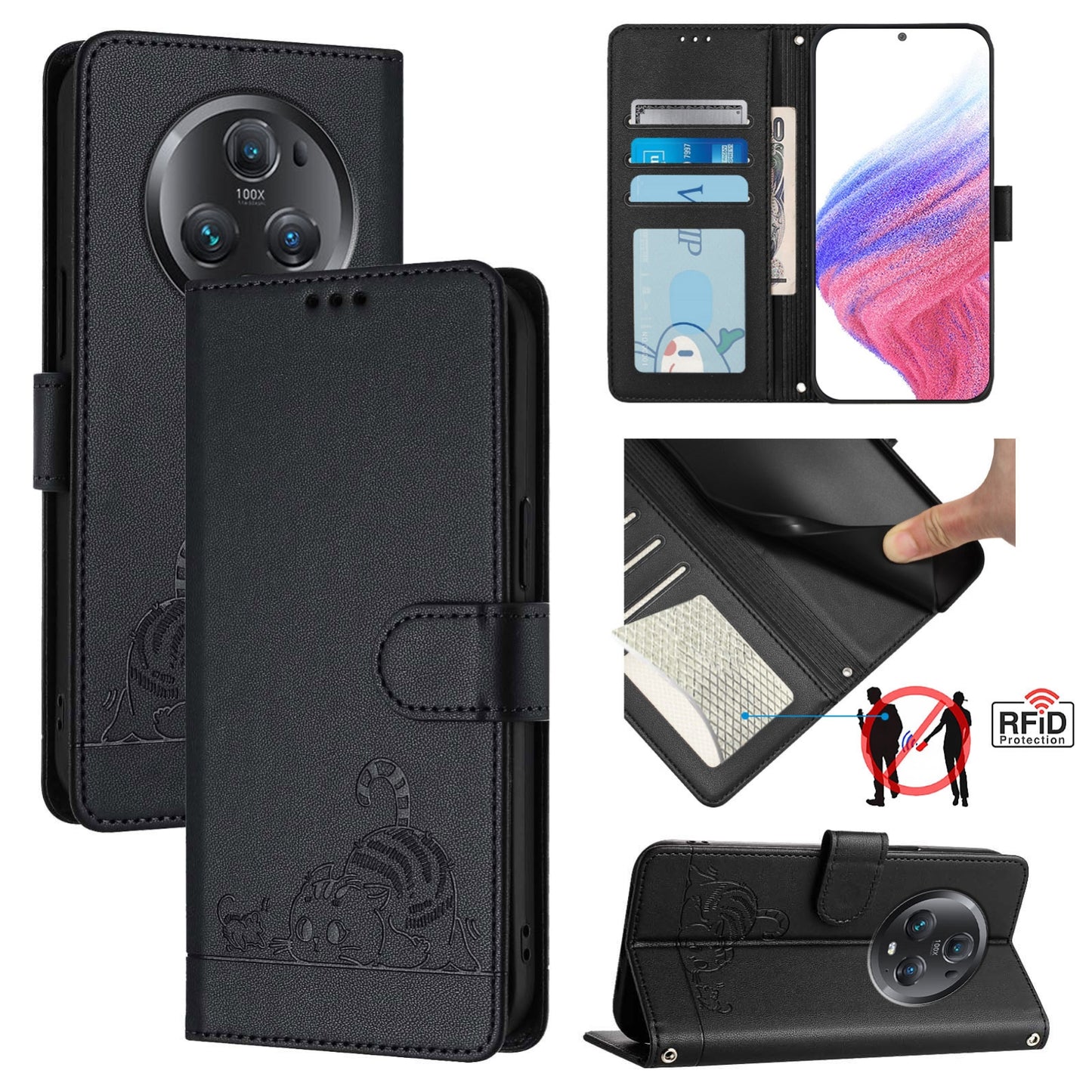 Honor Magic5 Pro Cat & Rat Embossed RFID Leather Case, Lanyard, Wallet, Card Slots, Kickstand, Anti-Fall, Scratch-Resistant