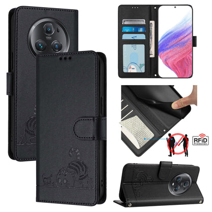 Honor Magic5 Pro Cat & Rat Embossed RFID Leather Case, Lanyard, Wallet, Card Slots, Kickstand, Anti-Fall, Scratch-Resistant