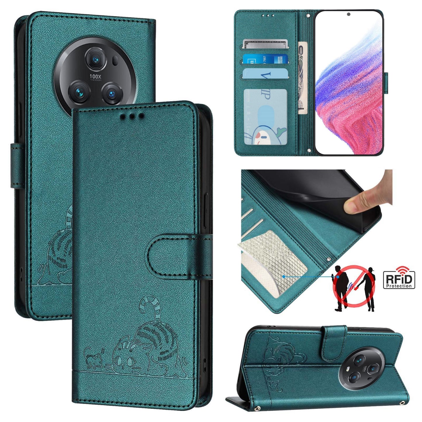 Honor Magic5 Pro Cat & Rat Embossed RFID Leather Case, Lanyard, Wallet, Card Slots, Kickstand, Anti-Fall, Scratch-Resistant