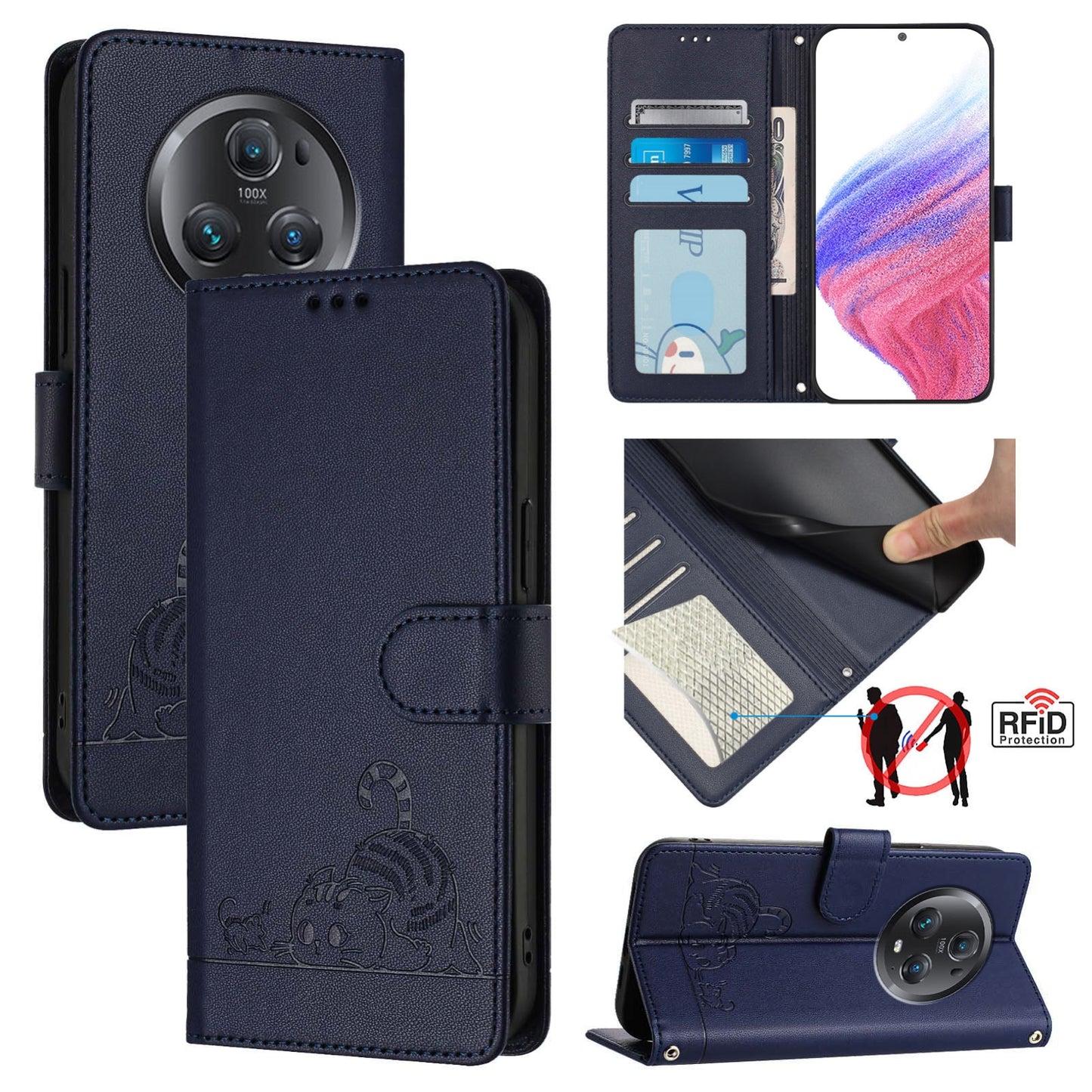 Honor Magic5 Pro Cat & Rat Embossed RFID Leather Case, Lanyard, Wallet, Card Slots, Kickstand, Anti-Fall, Scratch-Resistant